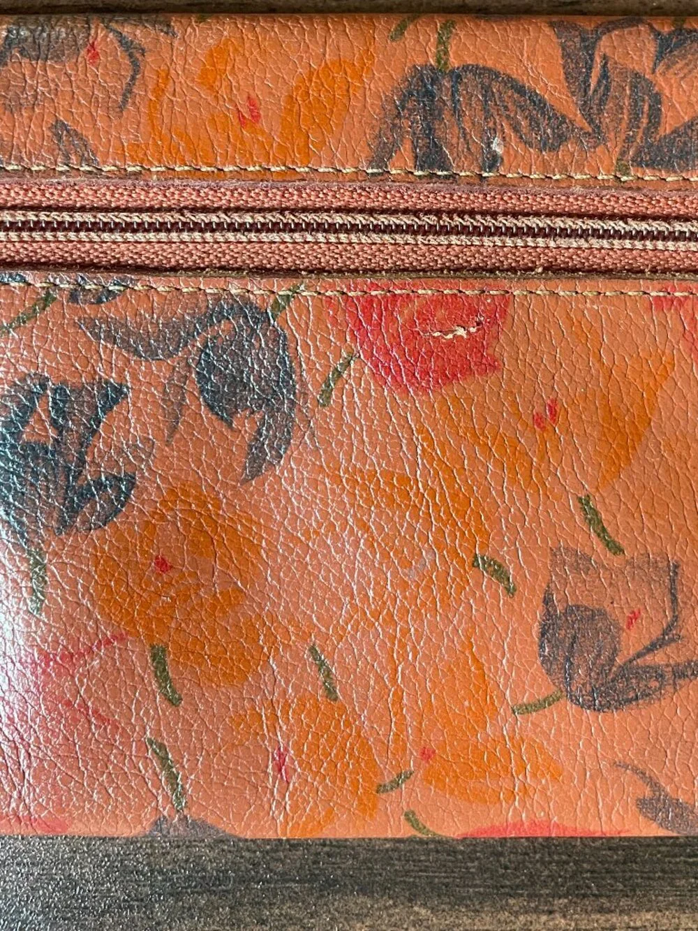 MUNDI Genuine Leather Orange Floral Wallet — Brazil Vintage Boho Checkbook Clutc